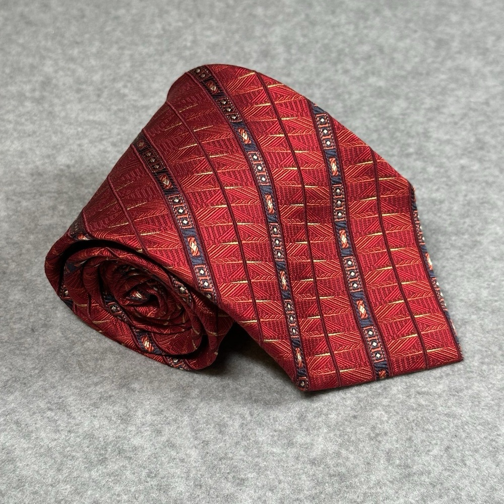 Daniel De Fasson Red Geometric Jacquard Stripe Silk Tie Italy 57x3.6" NOTE